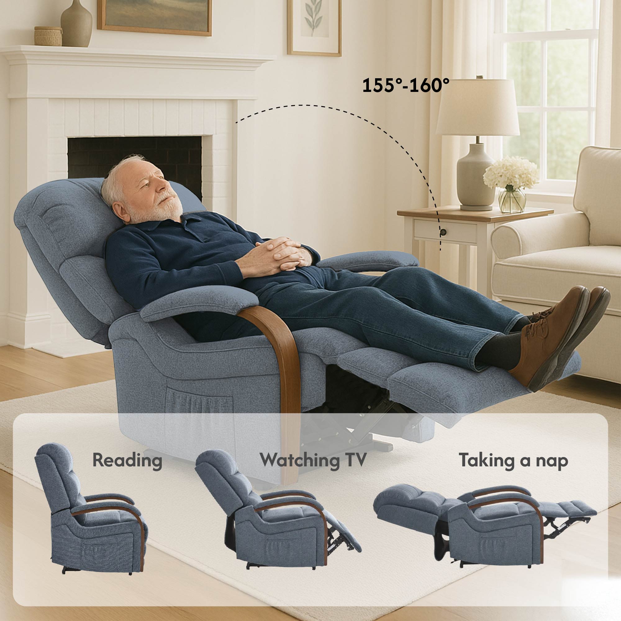 Power Lift Recliner Chair for Elderly, Recliner chair with Massage & Heat, Electric Leather Lift Recliner Chair for Living Room with Side Pocket, Blue